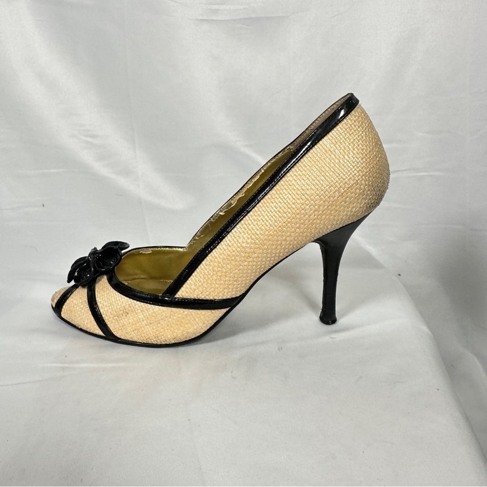 Beverly Feldman Raffia Peep Toe Heels Flower Rosette Coastal Grandma Size 9 - Picture 10 of 16